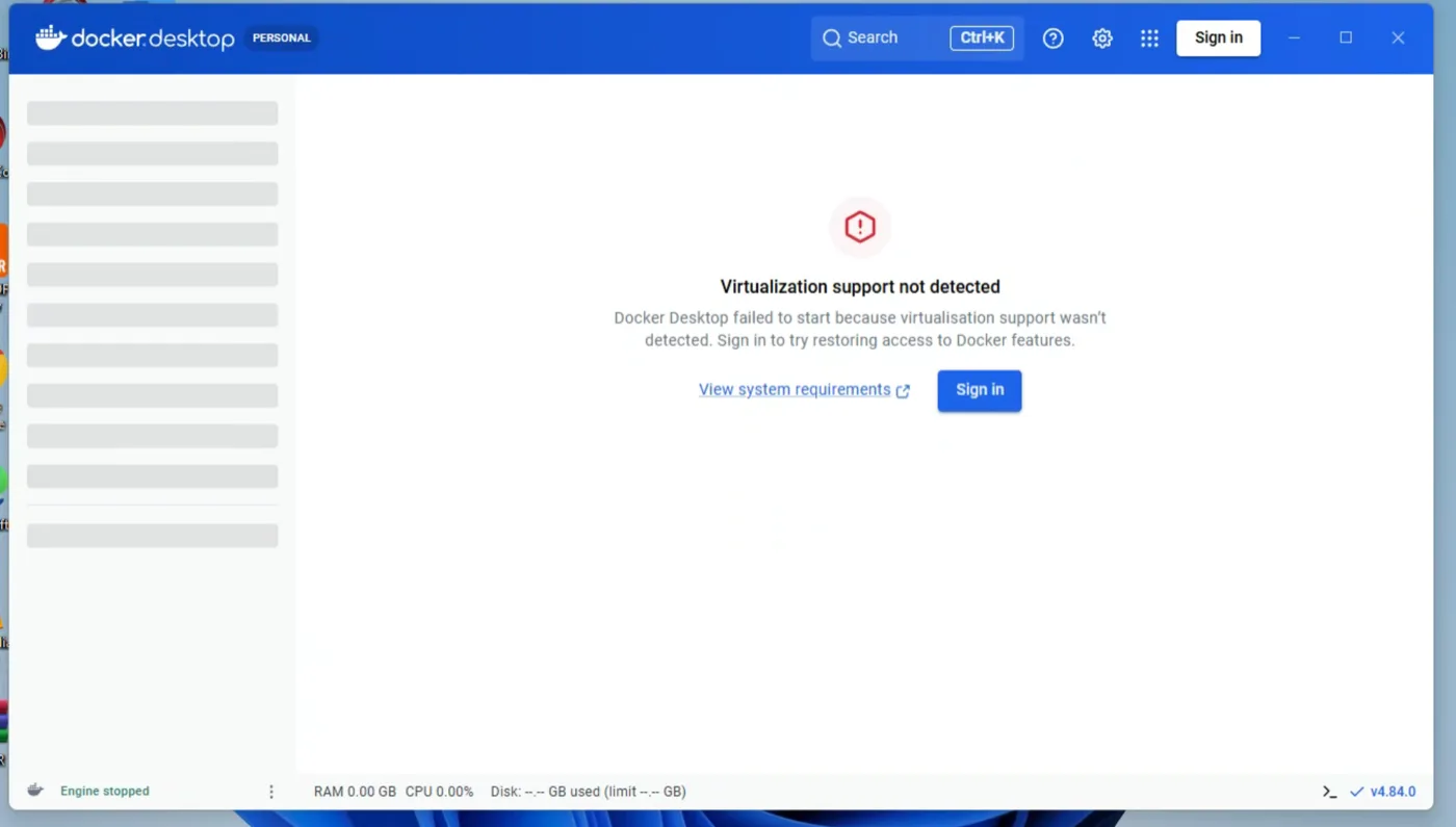 Docker Desktop menampilkan pesan Virtualization support not detected